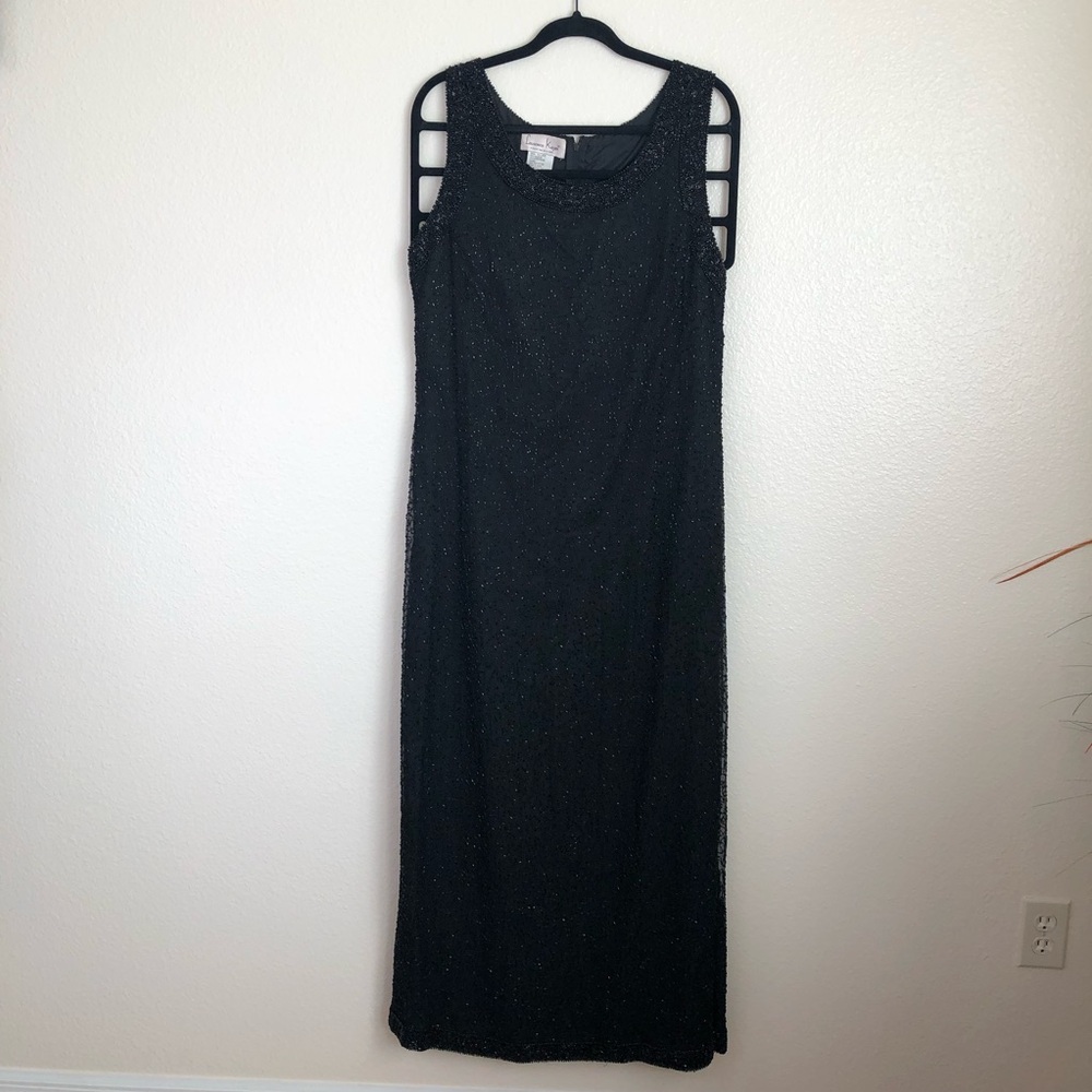 Laurence Kazar 100% Silk Maxi Dress Column Beaded Gown 1990s Vintage Sleeveless